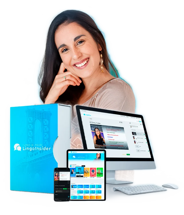 Jesica, profesora del Curso Lingo Insider, junto a la plataforma en computadora, tablet y celular y la caja del curso