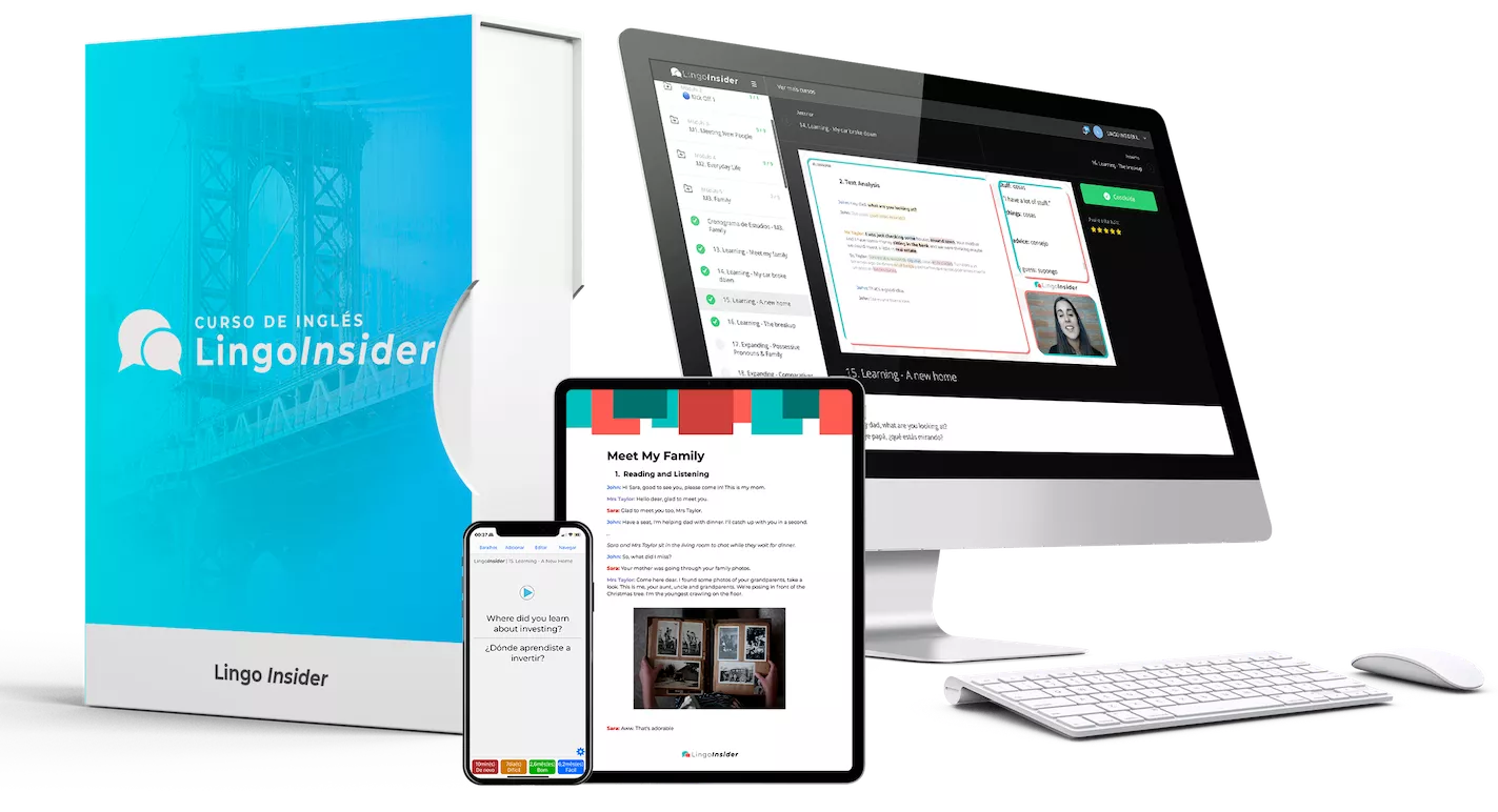 Curso Lingo Insider en iMac, tablet y celular, junto a la caja del curso